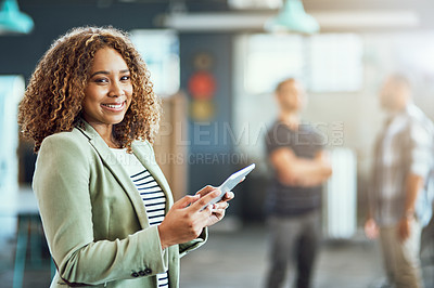 Buy stock photo Business, woman and portrait with tablet in office for online research, testing company website and homepage. Happy, web designer and digital app at workplace with networking, communication and UX