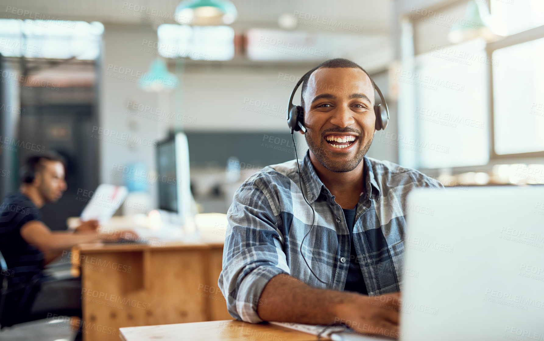 Buy stock photo Black man, salesman and portrait for networking in office, laptop and website for consulting. Male person, tech support and assistant for communication, contact center and call for customer care