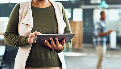 Buy stock photo Business, woman and hands with tablet at work for online research, testing company website and homepage. Professional, web designer and digital app in office with networking, communication and UX