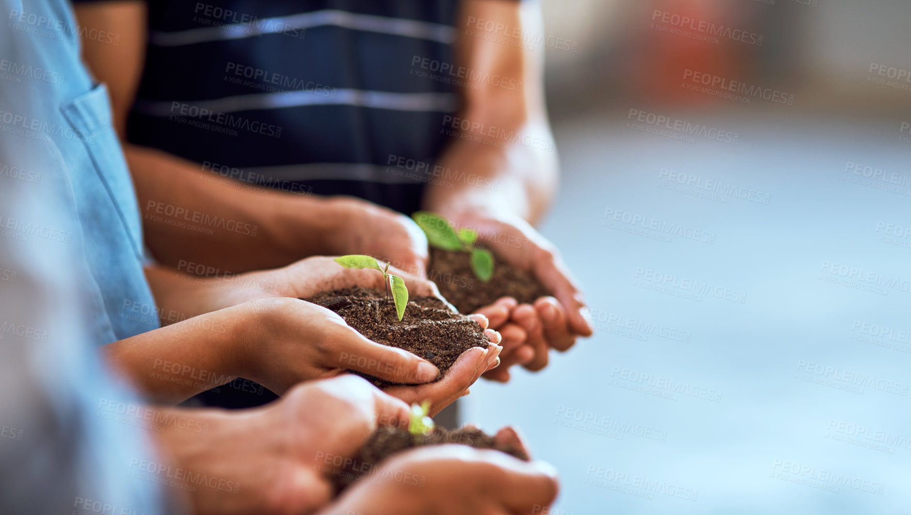 Buy stock photo Closeup shot of a group of people holding plants growing in soil
