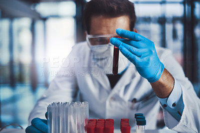 Buy stock photo Blood, healthcare and science with man in laboratory closeup for breakthrough or experiment. DNA, sample and test tube with hand of scientist in clinical trial, discovery or study of viral cure