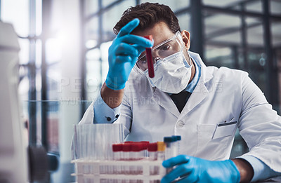 Buy stock photo Cropped shot of a young male scientist working in a lab
