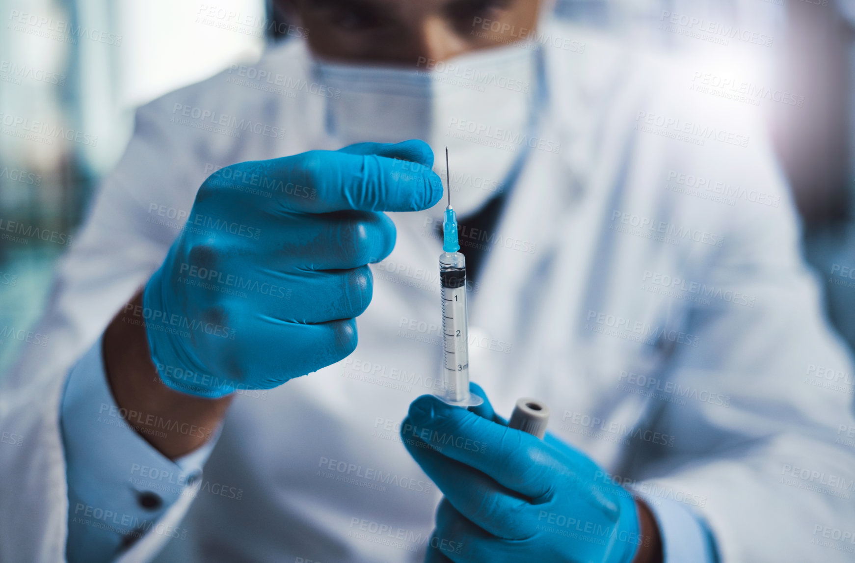 Buy stock photo Cropped shot of an unrecognizable male scientist working in a lab