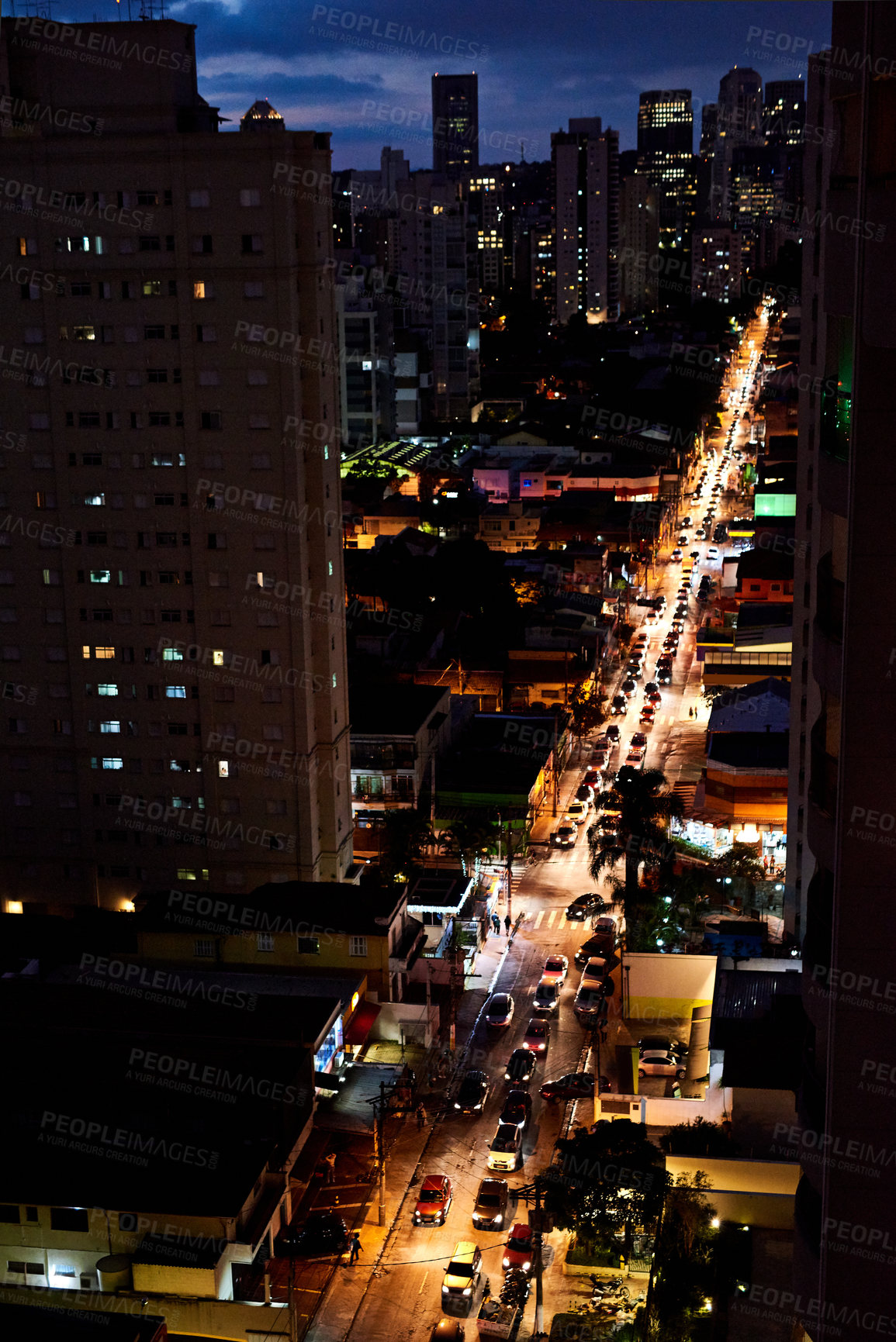 Buy stock photo Cityscape, cars and buildings at night for development, infrastructure and road for transport. Urban, lights and architecture exterior with traffic by property, facade and skyline in New York