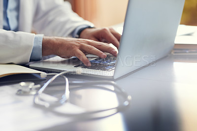 Buy stock photo Medical, doctor and hands on computer in hospital for research, wellness investigation or report for healthcare. Person, keyboard and typing for telehealth in clinic with internet, plan for surgery