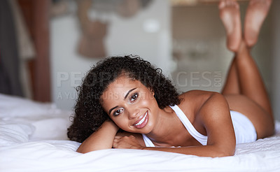 Buy stock photo Portrait of a gorgeous young woman posing seductively in her bedroom
