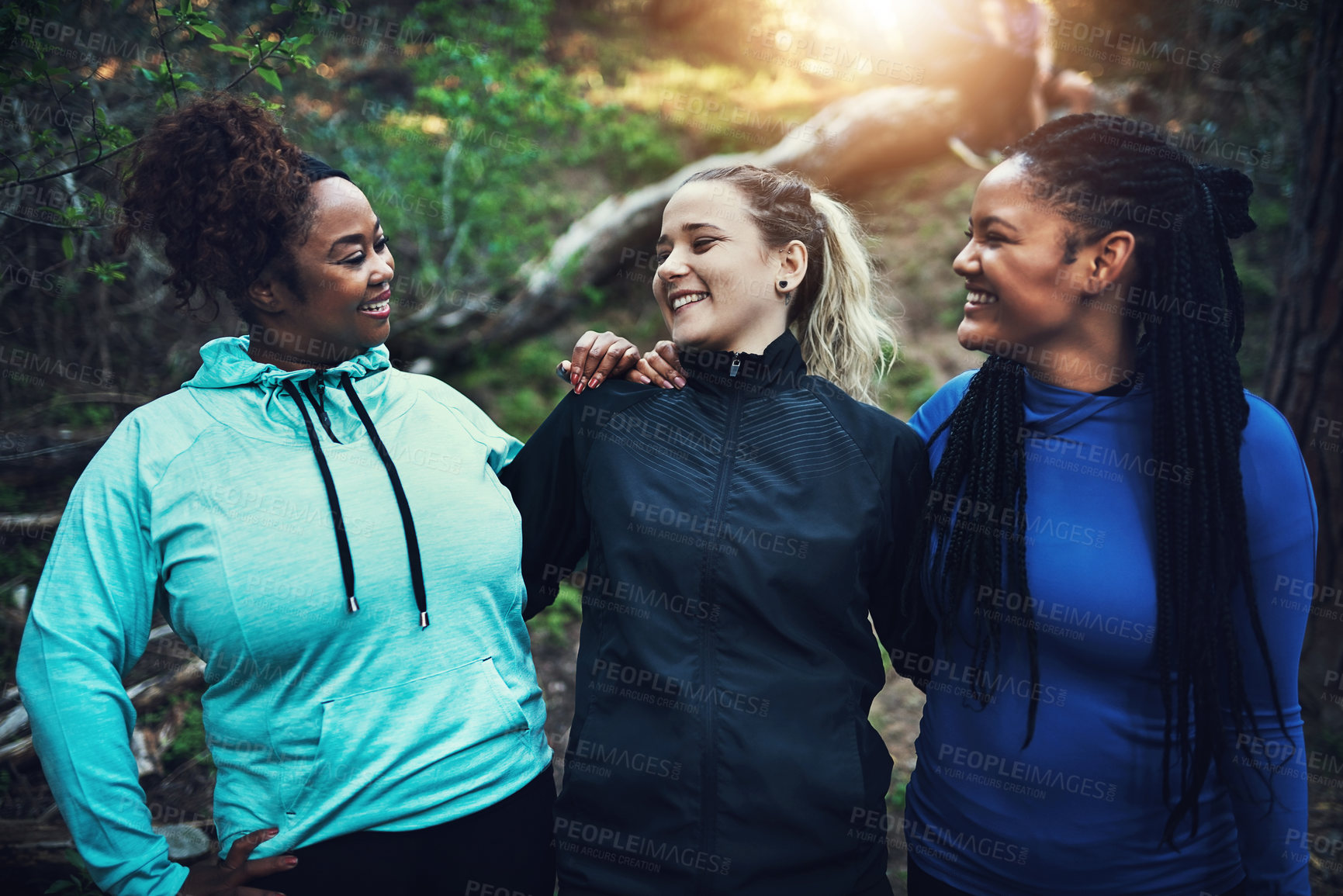 Buy stock photo Cropped shot of sporty young women working out in the forest