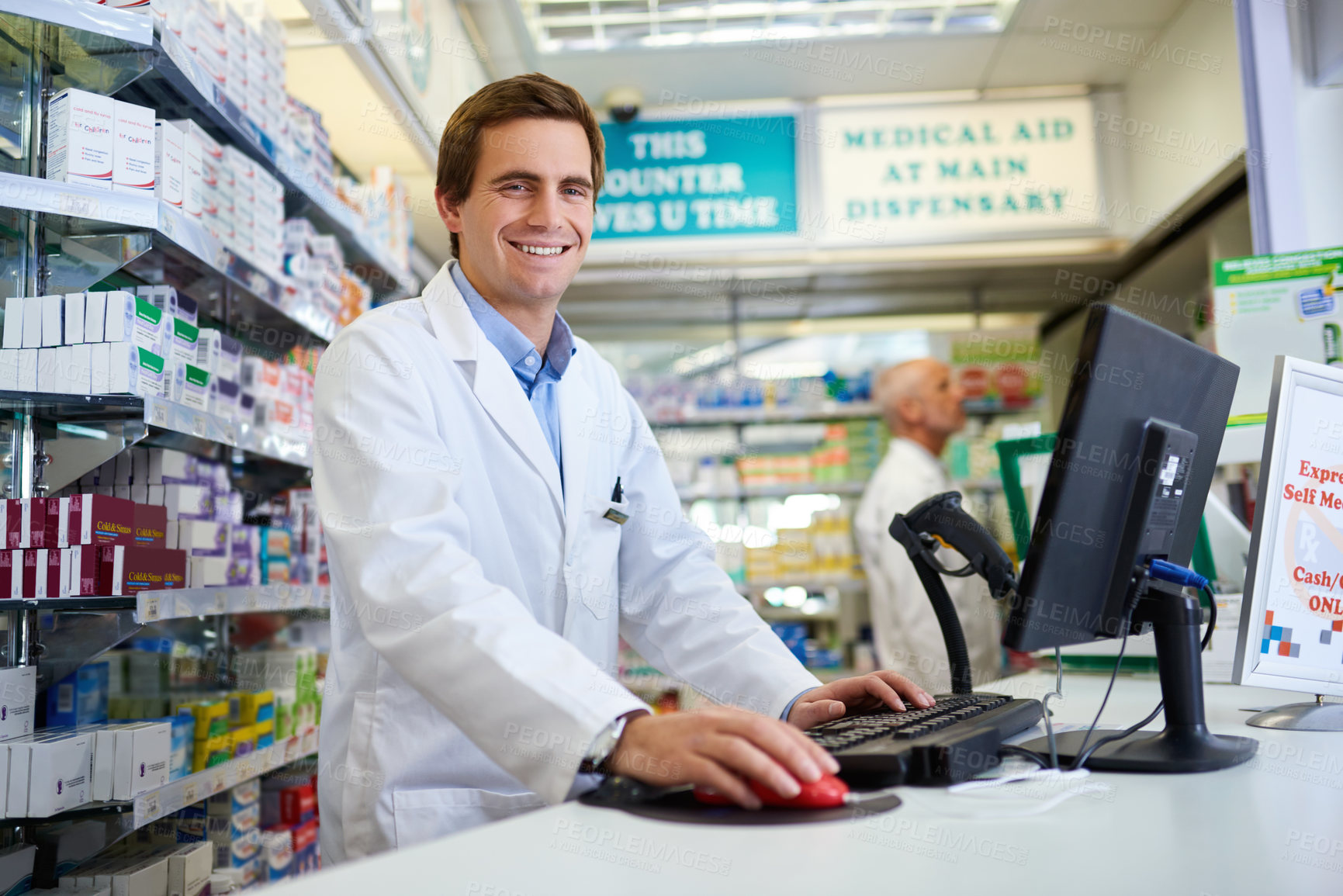 Buy stock photo Portrait, pharmacist and happy man on computer for healthcare, service or medicine. Pharmacy, face or medical professional in drugstore to check stock, sales or prescription email at checkout counter