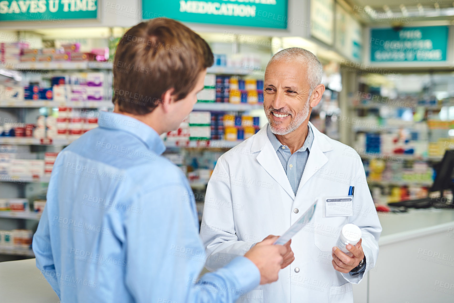 Buy stock photo Pharmacy, insurance and prescription with people in store for pills, advice and medicine. Medical, help and antibiotic consulting with pharmacist in clinic for healthcare, drugstore and dispensary