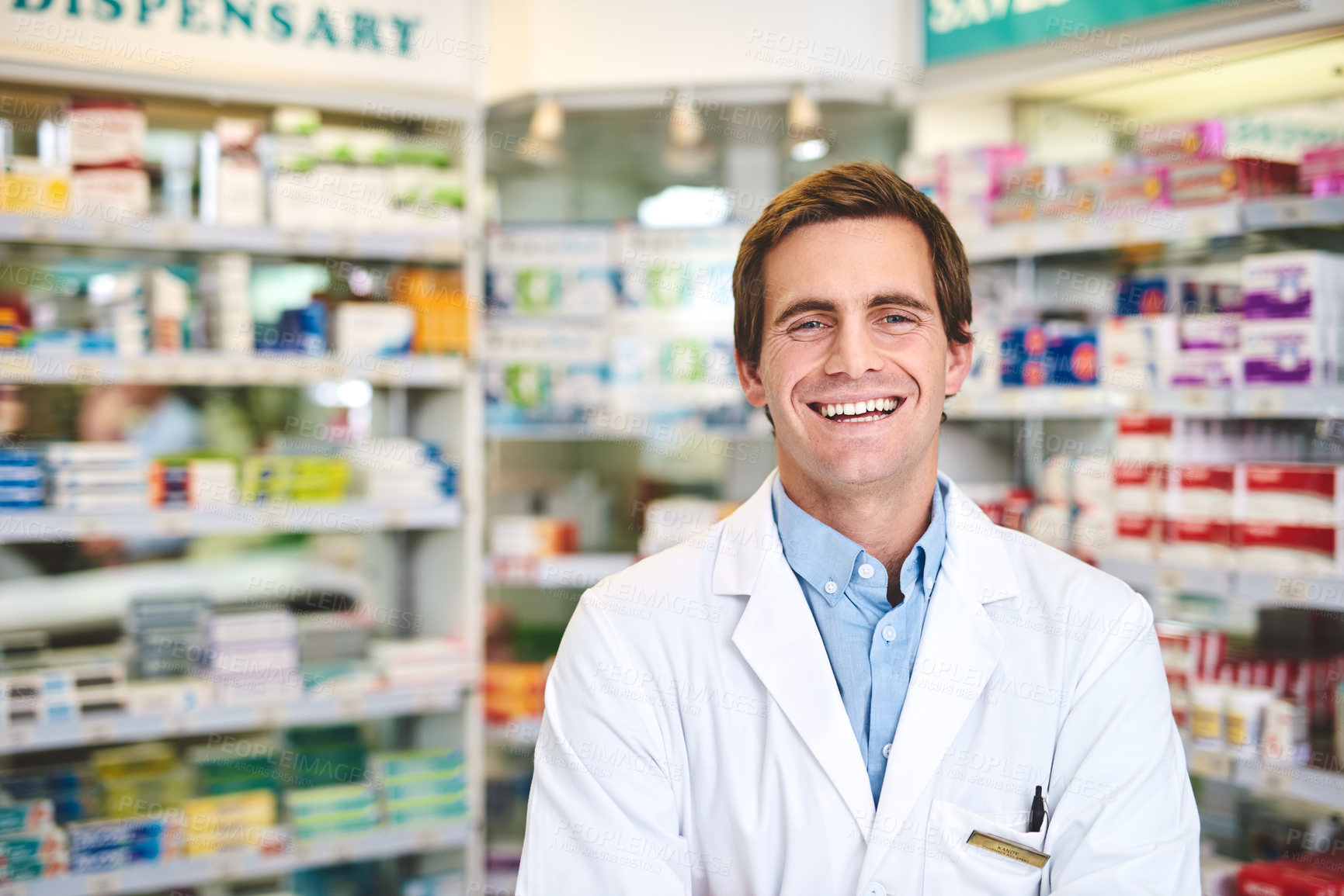 Buy stock photo Pharmacy, pills and smile with portrait of man in store for medicine, advice and healthcare. Medical, insurance and antibiotic prescription with pharmacist for help, drugstore and dispensary