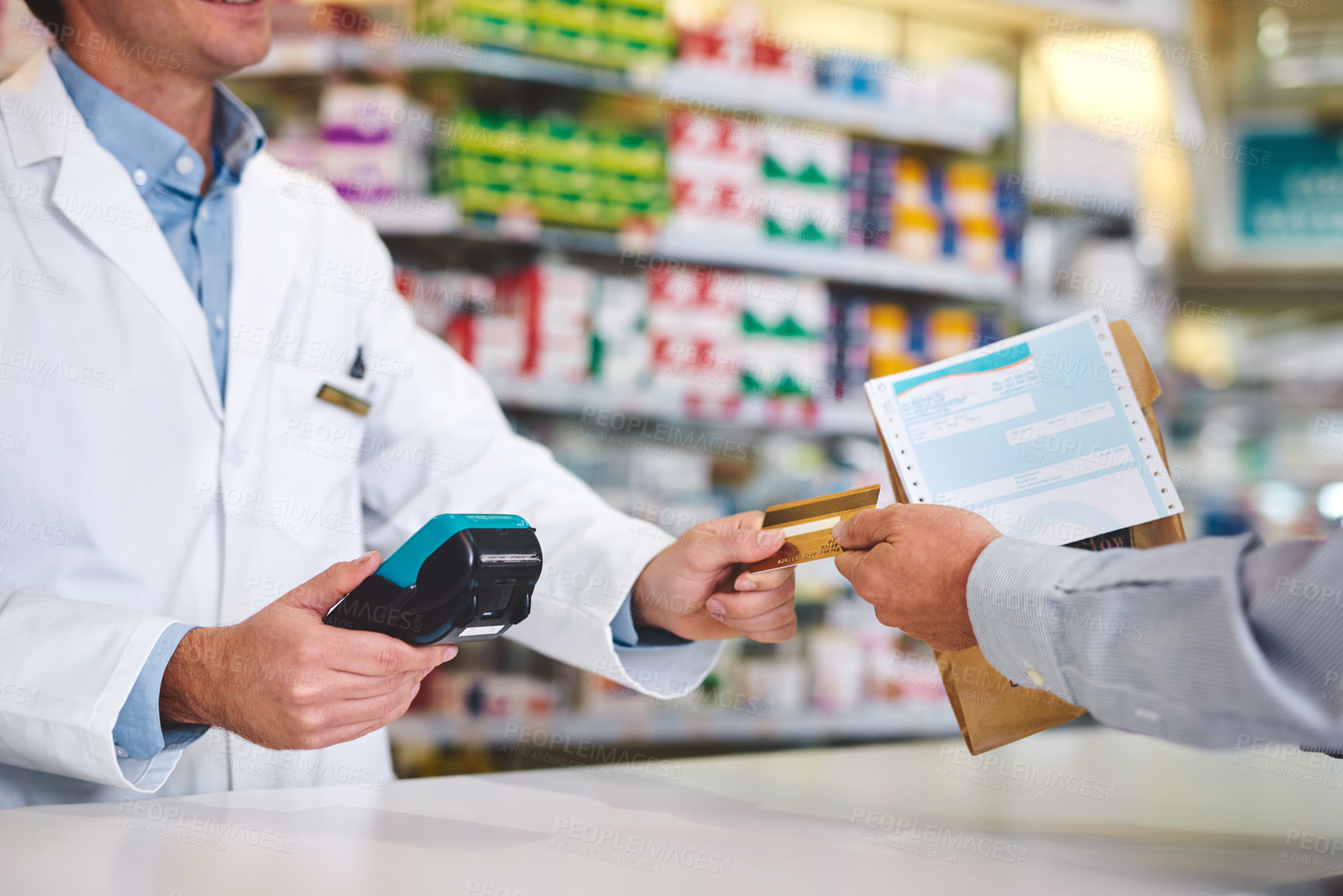 Buy stock photo Pharmacy, credit card and prescription with hands of people in store for medicine, advice and consulting. Medical, insurance and antibiotic payment with pharmacist for help, drugstore and healthcare