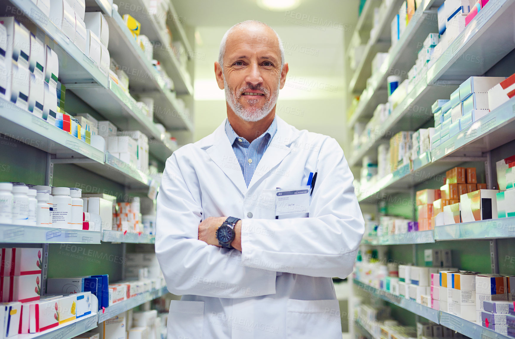 Buy stock photo Mature man, chemist portrait and arms crossed at dispensary, manager and confident consultant. Male person, pharmacy and proud of medication treatment at store, expert service and aisle in England