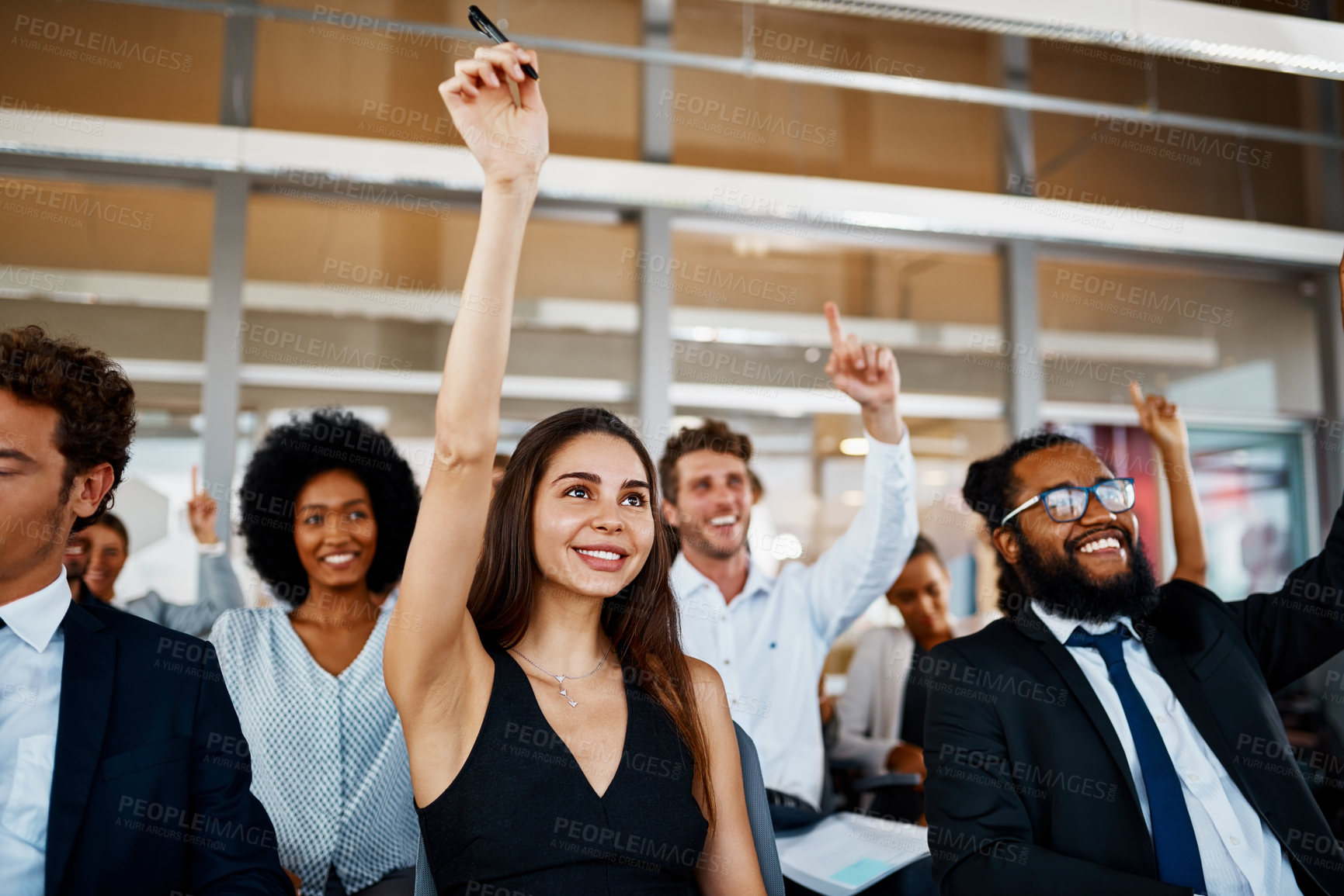 Buy stock photo Happy, business people and meeting with question for interaction, engagement or presentation at office. Team or group of employees with hands raised or smile for collaboration, answer or conference