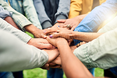 Buy stock photo Friends, community and stack of hands of people for motivation, support and friendship goal outdoor. Teamwork, diversity and men and woman huddle together for trust, commitment and solidarity in park