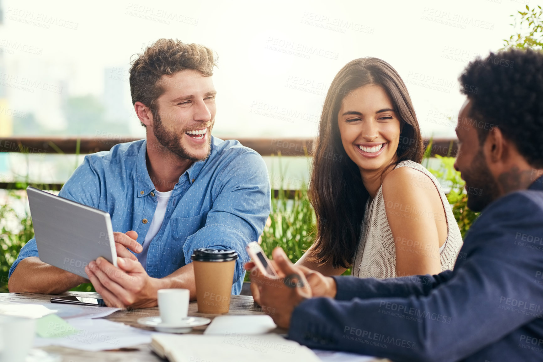 Buy stock photo Cafe, meeting and web design with business people outdoor for colleague discussion or planning. Collaboration, hospitality and smile of happy employee group at restaurant for creative teamwork