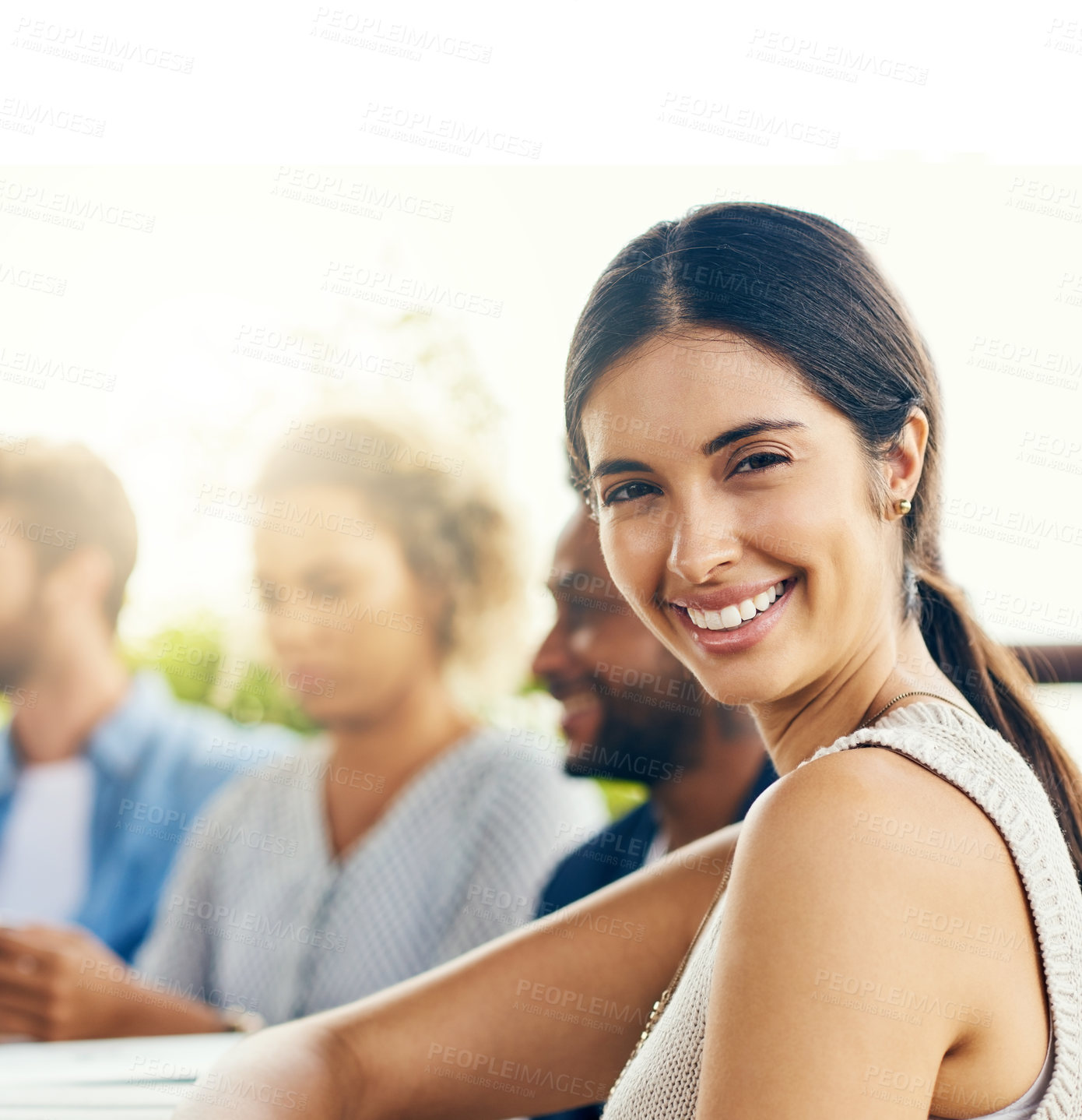 Buy stock photo Business, meeting and woman portrait with planning, conversation and creative agency. Journalist, teamwork and collaboration with confidence and about us at company with communication at workplace