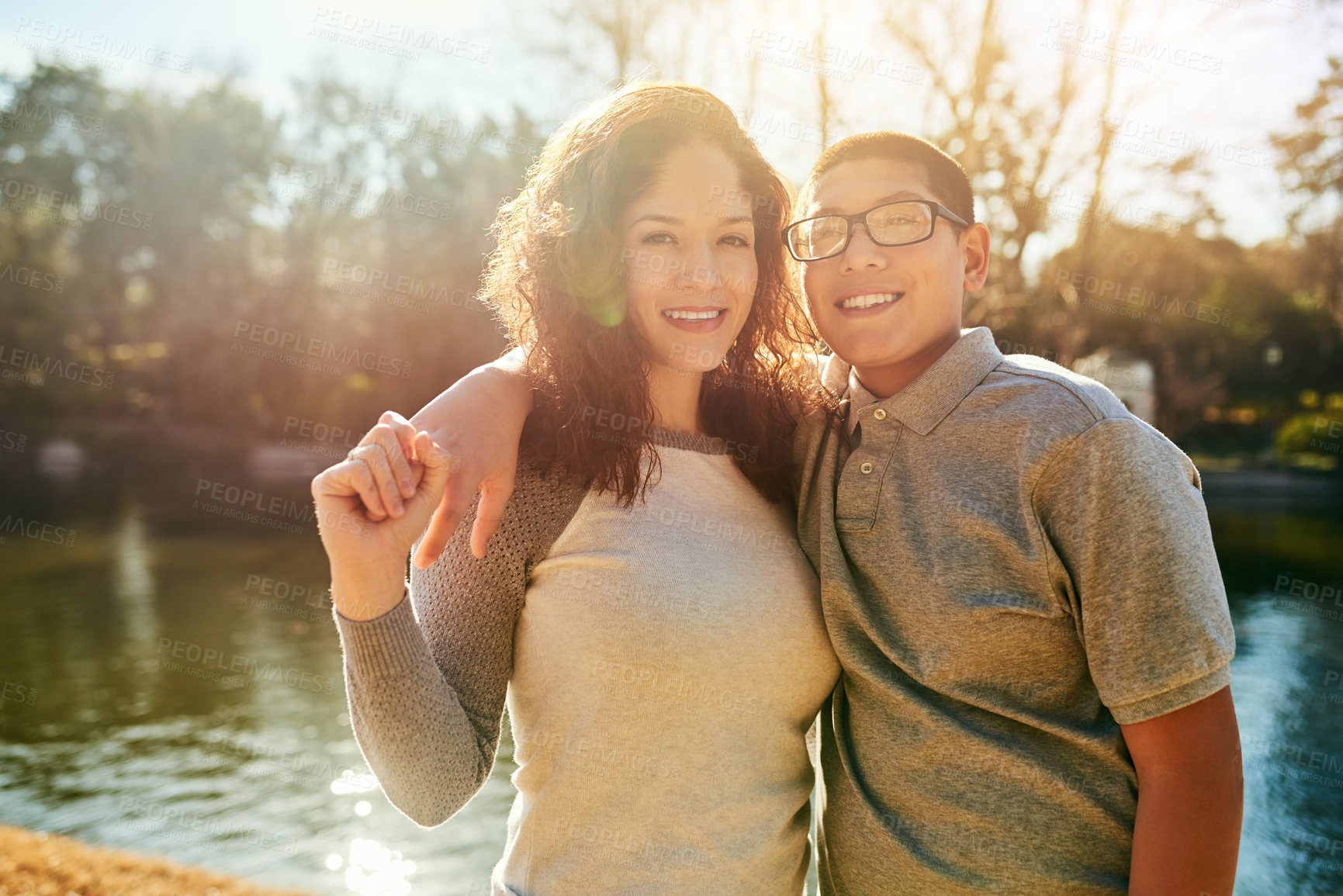 Buy stock photo Portrait, woman and teenager for bonding as happy family, outdoor and having fun on summer holiday. Female parent, child and nature in park or garden together on adventure, travel and tourism in USA