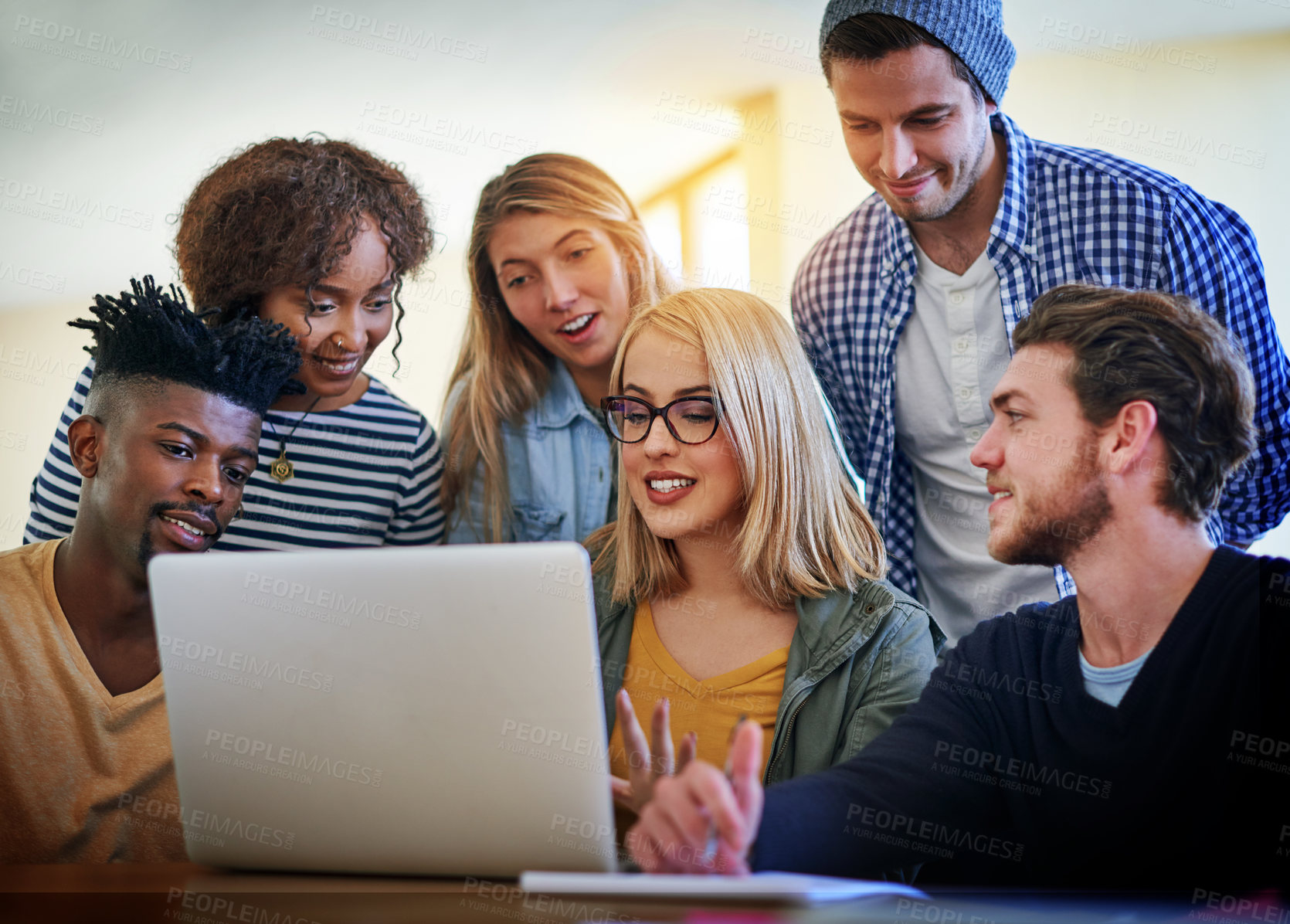 Buy stock photo Conversation, laptop and student friends in library together for learning or study on university campus. Computer, diversity and education with people group at college or school for exam preparation