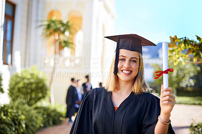 Buy stock photo Woman, graduation and happy with certificate on campus for celebration and success. Female person, college and university student with smile on portrait for qualification, degree and achievement