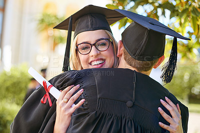 Buy stock photo Happy people, graduation and friends with hug for certificate, qualification or diploma at university. Woman, man or young students with smile or embrace for degree, graduate or scholarship on campus