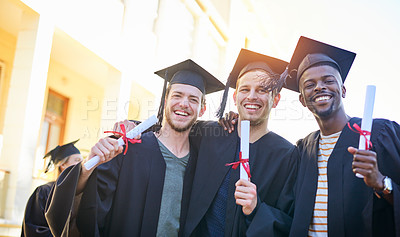 Buy stock photo Cropped shot of a group of friends standing together on graduation day