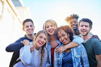 Buy stock photo Group, smile and portrait of friends in campus for community, happiness and farewell for summer vacation. Students, men and women with support for friendship, solidarity and bonding at university