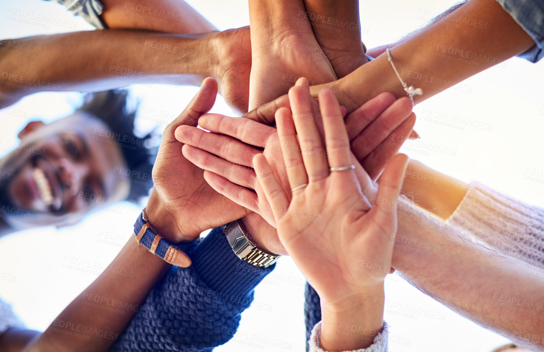 Buy stock photo Hands, together and support for people in nature with solidarity and trust in countryside. Community, friends and diversity in garden for collaboration, motivation and success or achievement outdoor