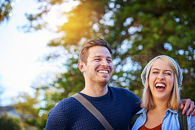 Buy stock photo Cropped shot of an affectionate young couple outside on campus