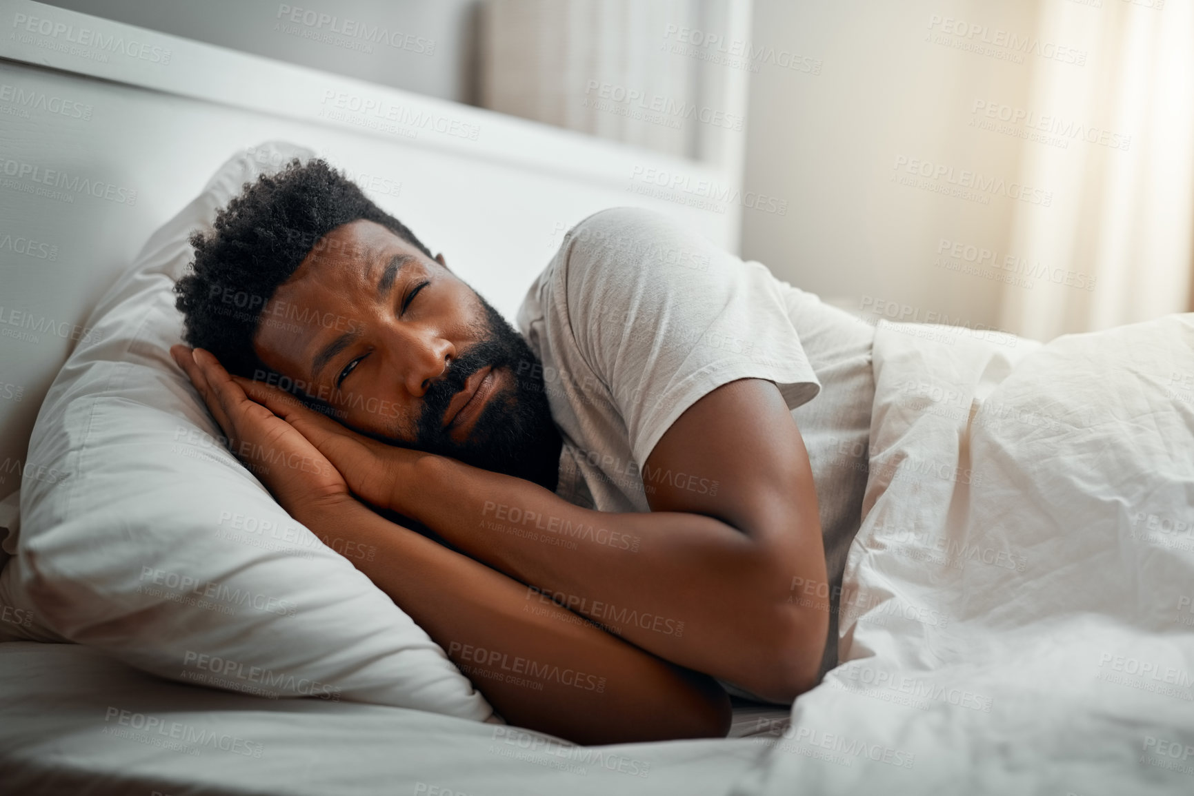 Buy stock photo Black man, sleeping and bed with morning, home and relaxing for wellness, comfort and pillow for healthy rest. African guy, asleep and bedroom with dreams, fatigue and peaceful nap on mattress