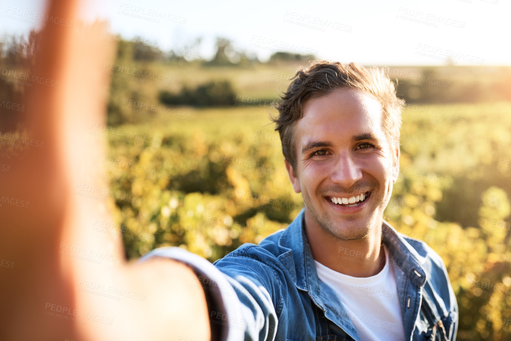 Buy stock photo Portrait, selfie and happy man at farm for agriculture, growth or gardening in nature. Face, picture and smile farmer at field in countryside for sustainability, production and agro outdoor in Italy