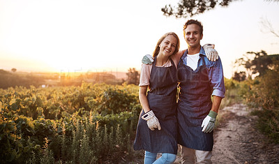 Buy stock photo Portrait of a confident young man and woman working together on a farm