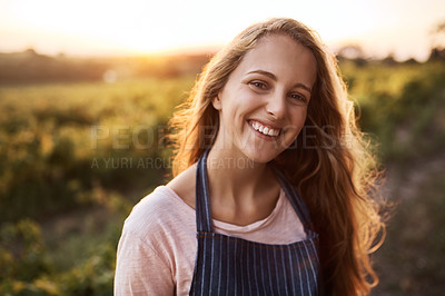 Buy stock photo Portrait of a happy young woman working on a farm