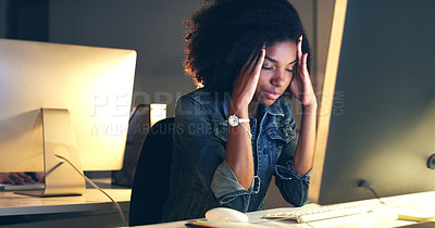 Buy stock photo Cropped shot of a beautiful young woman working at night in a modern office