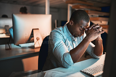 Buy stock photo Tired, stress and black man in office at night with deadline for software development update. Exhausted, fatigue and male computer engineer sleeping by desk for overtime job with global client.