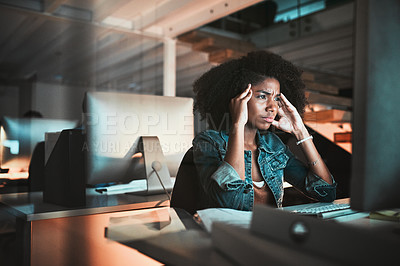 Buy stock photo Eye strain, headache and computer for business woman in office, exhausted with 404 error, pain or web overtime. Frustrated, fatigue and tired girl with stress, anxiety or burnout for night crisis