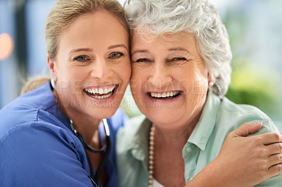 Buy stock photo Nurse, senior woman portrait and hug of caregiver and happy smile with support and care in hospital. Nursing home, women face and healthcare help with elderly female patient with love in a clinic