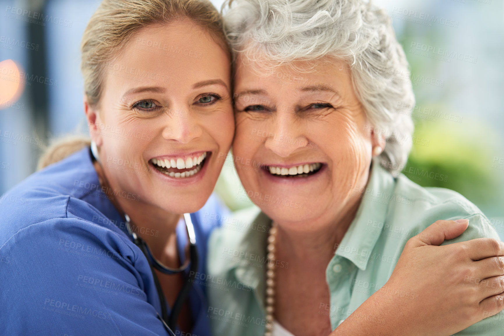 Buy stock photo Nurse, senior woman portrait and hug of caregiver and happy smile with support and care in hospital. Nursing home, women face and healthcare help with elderly female patient with love in a clinic
