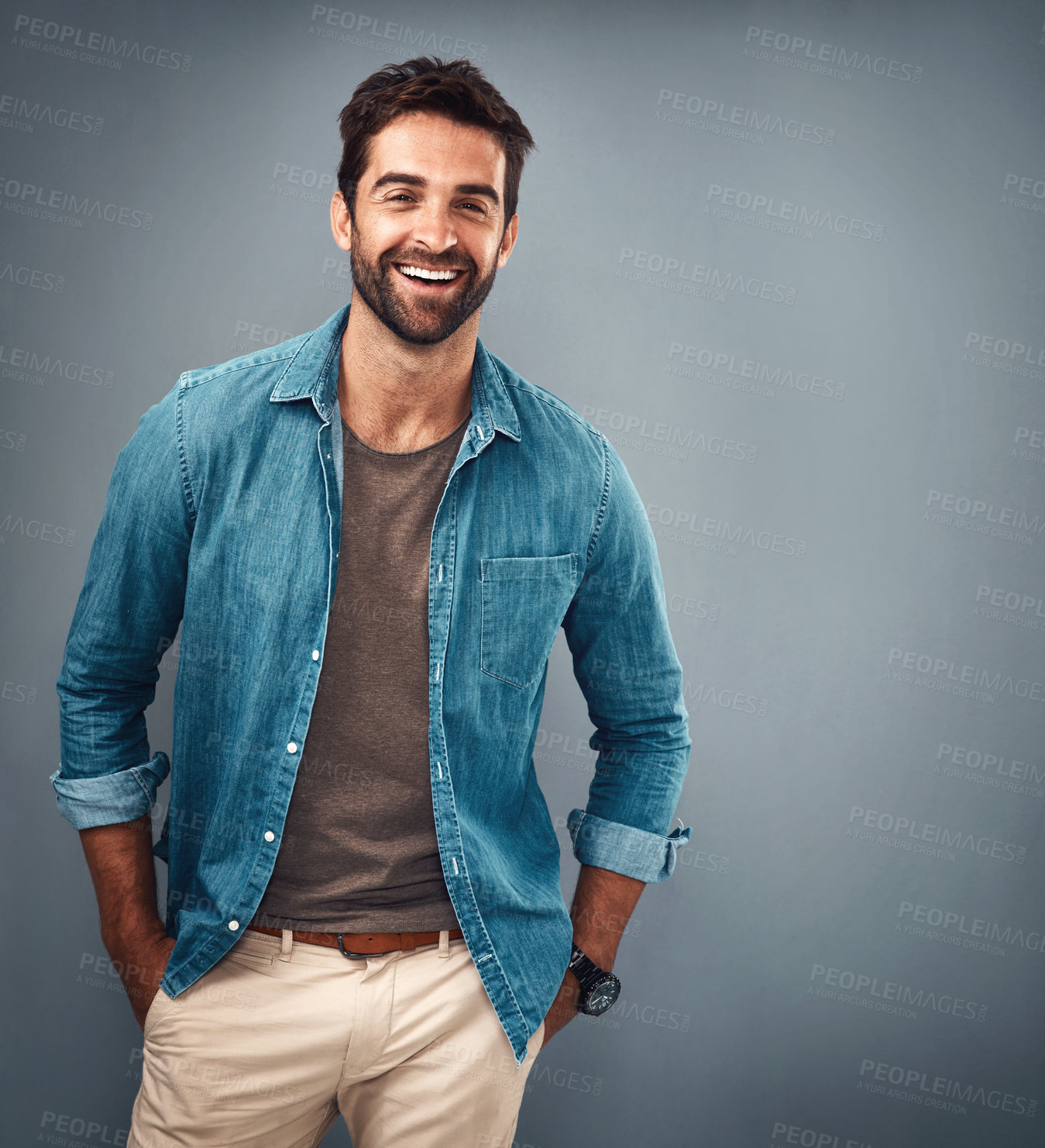 Buy stock photo Fashion, smile and space with portrait of man in studio on gray background for relaxed clothing style. Casual, happy and mockup with natural person in clothes outfit to model jacket or wardrobe