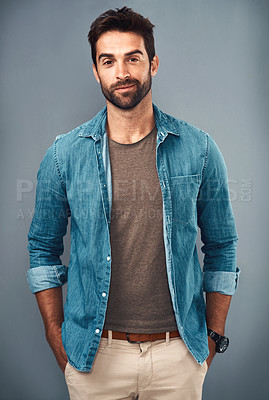 Buy stock photo Fashion, confident and portrait of man in studio with casual outfit for creative career. Happy, denim and male graphic designer with stylish, trendy and cool clothes for job by gray background.