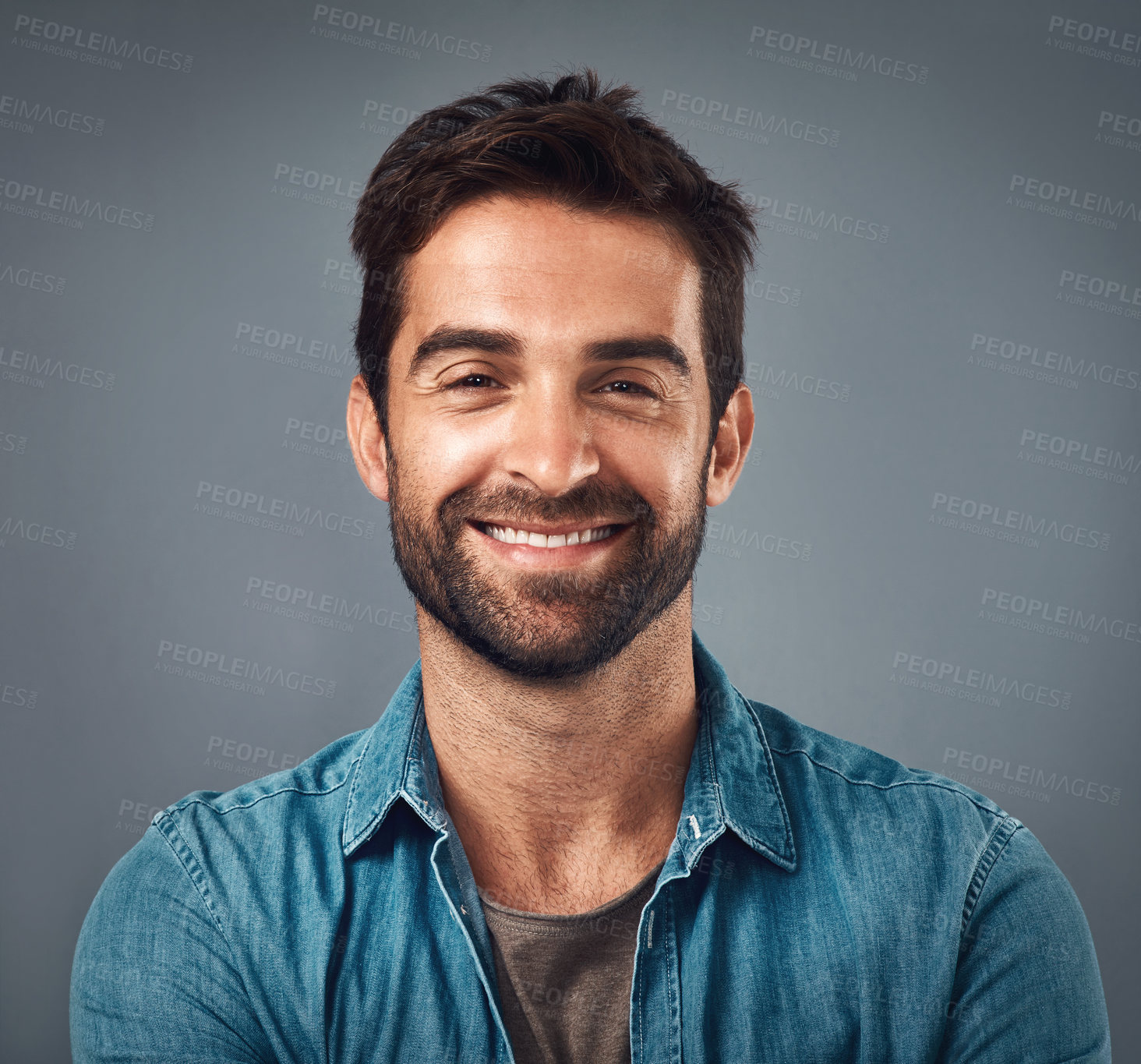 Buy stock photo Happy, fashion and portrait of man in studio with positive attitude, confidence or pride. Trendy clothes, style and face of isolated person with joy, cheerful or excited expression on gray background