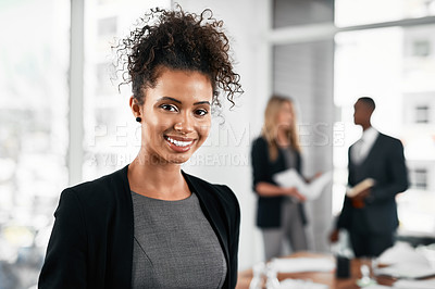 Buy stock photo Crossed arms, smile and portrait of businesswoman with team in office for leadership in career. Confident, smile and female manager with group of financial advisors for pride of job in workplace.