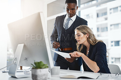 Buy stock photo Business people, paperwork and finance with computer for corporate budget, expenses or financial planning at office. Businessman, woman or employees with report for profit, growth or company revenue