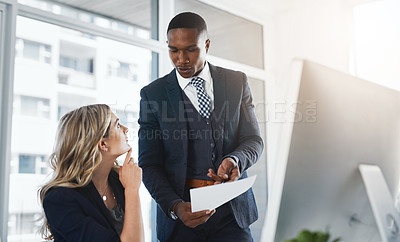 Buy stock photo Business people, finance and bills with computer for corporate budget, expenses or financial planning at office. Businessman, woman or employees with report for profit, growth or company revenue