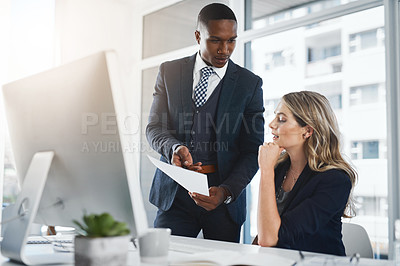 Buy stock photo Business people, accounting and bills with computer for corporate budget, expenses or financial planning at office. Businessman, woman or employees with report for profit, growth or company revenue