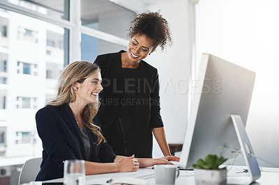 Buy stock photo Office, teamwork and happy business women on computer for online research, website and project. Corporate lawyers, professional and man and woman on pc for consulting, planning and collaboration