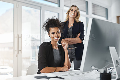 Buy stock photo Corporate, teamwork and computer with portrait of business people in office for legislation, privacy policy and lawyer. Case proposal, online and legal counsel with employees in law firm for justice