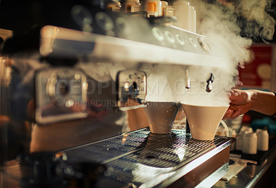 Buy stock photo Coffee machine, steam and hands of cafe person, barista or diner waiter making beverage, latte drink or espresso. Tea cup, commerce market shop and restaurant store server with morning hot chocolate 