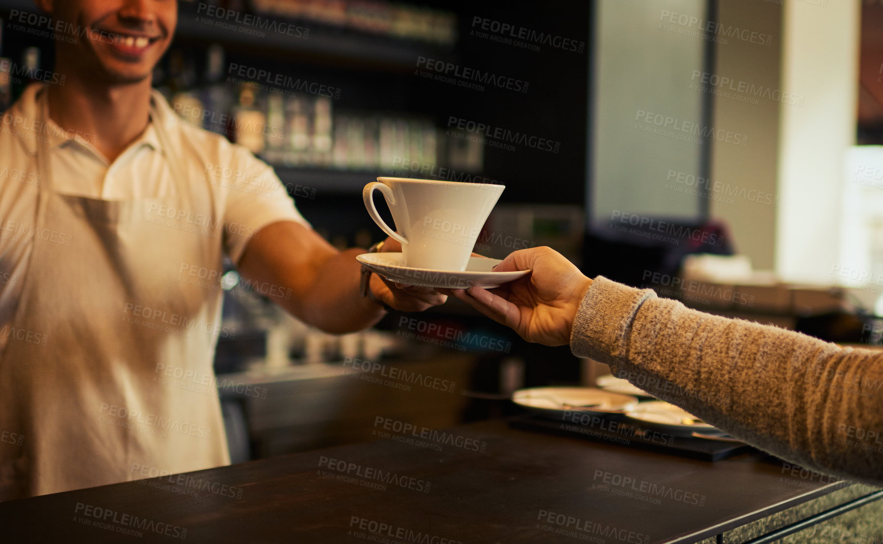 Buy stock photo Coffee shop customer, happy people and barista hands with tea cup, espresso or matcha for morning hydration. Hospitality, restaurant industry server and waiter giving client drink, beverage or liquid