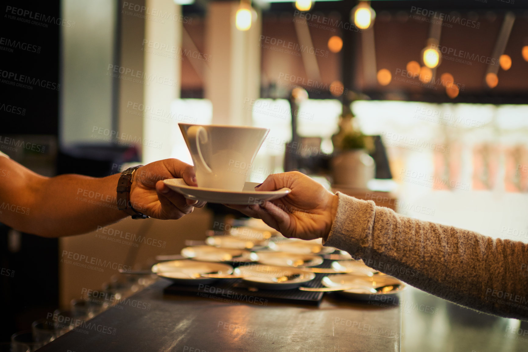 Buy stock photo Coffee shop customer, people and barista hands with tea cup, latte or matcha for client morning hydration. Restaurant store sale, cafe server and waiter giving woman drink, diner beverage or espresso