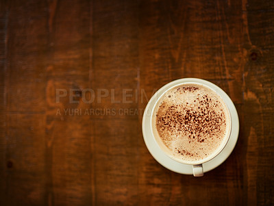 Buy stock photo Top view wooden table, coffee cup or mock up restaurant, cafe or retail diner for beverage service, wellness drinks or espresso. Fresh caffeine aroma, warm latte and desk with morning hot chocolate